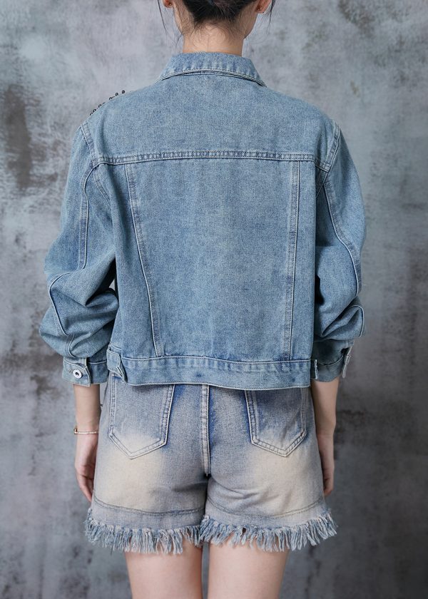 Boho Blue Oversized Nail Bead Denim Jacket Fall For Cheap - Image 4