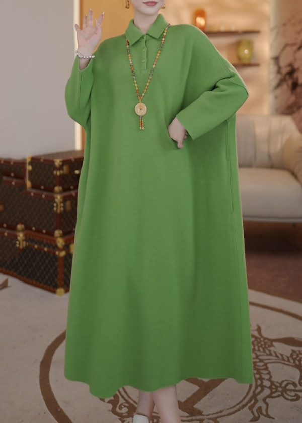Loose Green Peter Pan Collar Button Thick Long Dresses Spring Fashion - Image 3