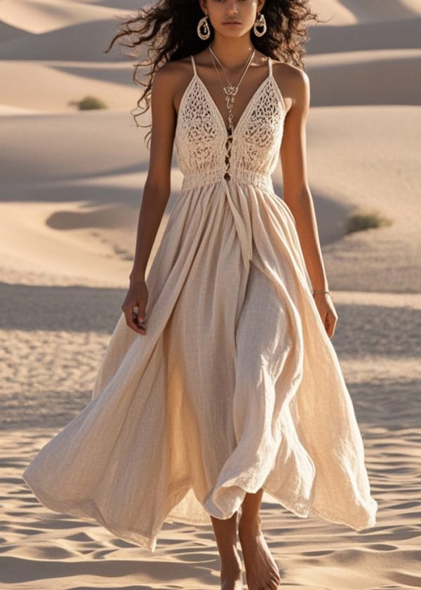 Modern Apricot Hollow Out Exra Large Hem Cotton Summer Dress For Sale