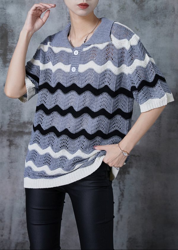 Boho Grey Striped Hollow Out Knit Top Summer Hot on Sale