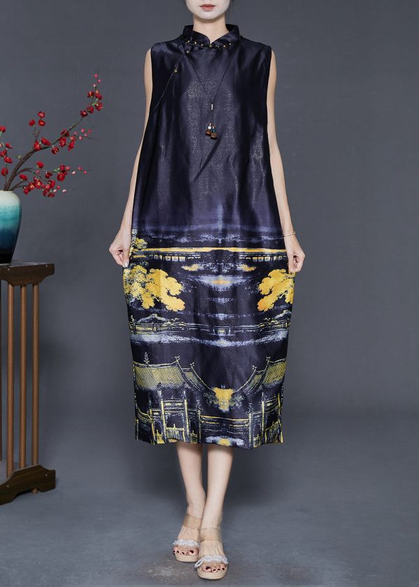 Fine Black Mandarin Collar Print Silk Dress Sleeveless Cheap - Image 2