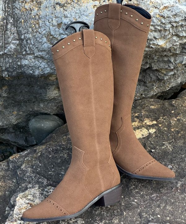 Art Splicing Chunky Boots Brown Suede Pointed Toe Rivet For Sale