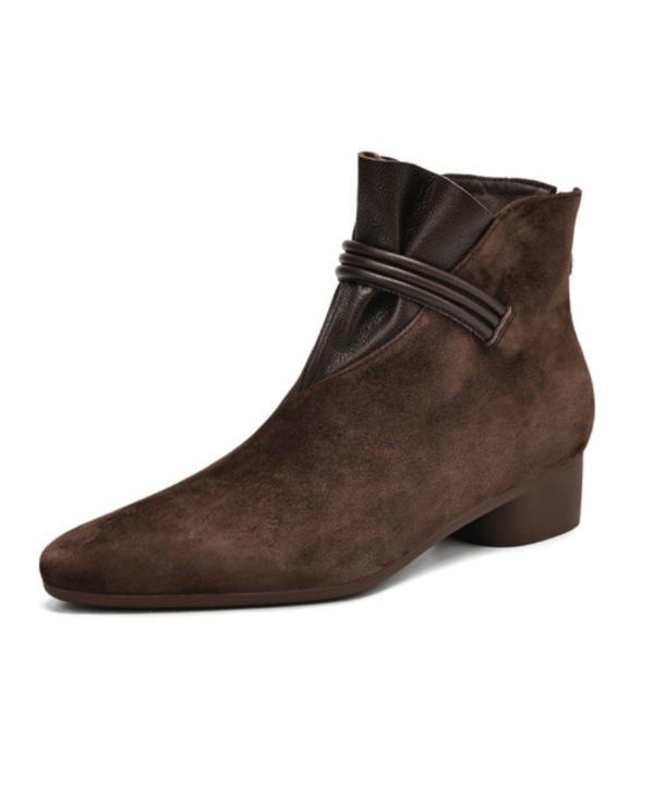 French Brown Suede Splicing Ankle Boots Pointed Toe For Sale - Image 5