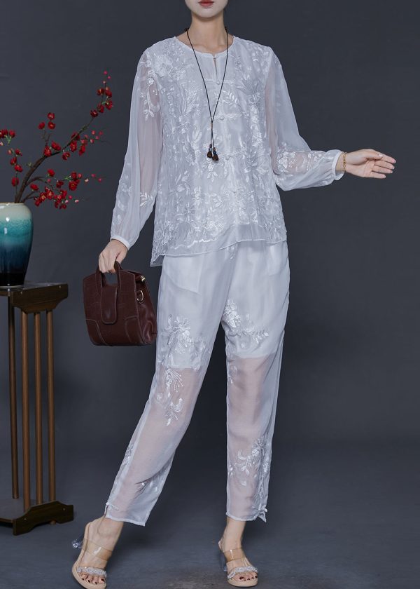 Beautiful White Embroidered Silk Women Sets 2 Pieces Summer Online