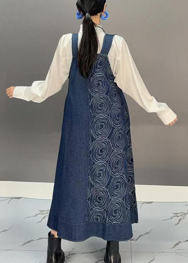 Women Denim Blue Slash Neck Print Long Spaghetti Strap Dress Spring Fashion - Image 5