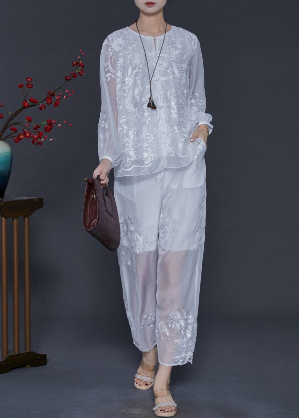 Beautiful White Embroidered Silk Women Sets 2 Pieces Summer Online - Image 3