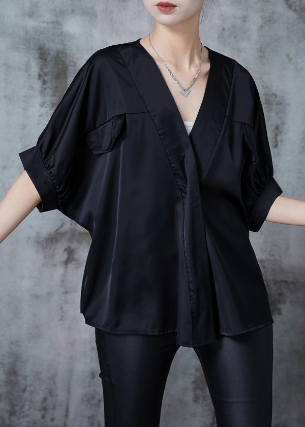 Chic Black V Neck Patchwork Silk Shirt Top Summer For Cheap