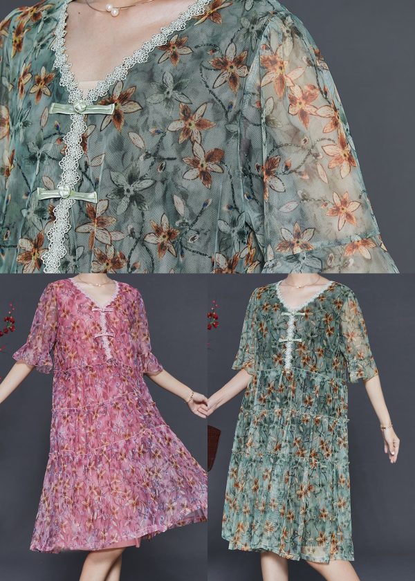 Classy Green Print Chiffon Day Dress Summer Cheap - Image 5