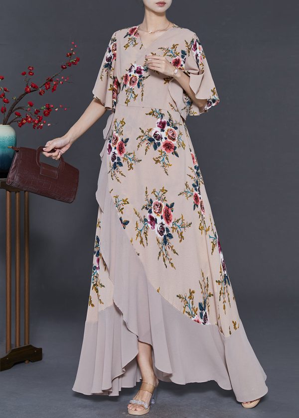Apricot Print Chiffon Long Dresses Exra Large Hem Cloak Sleeves Fashion - Image 2