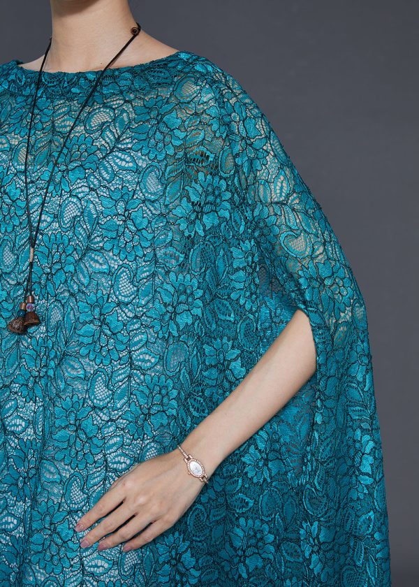 Elegant Peacock Blue Embroidered Lace Long Smock Summer Supply - Image 5