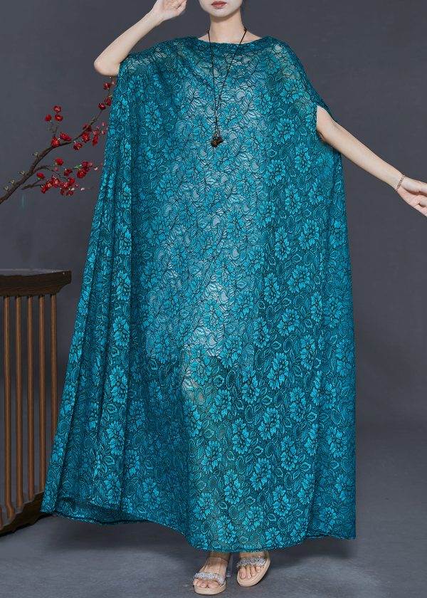 Elegant Peacock Blue Embroidered Lace Long Smock Summer Supply - Image 2
