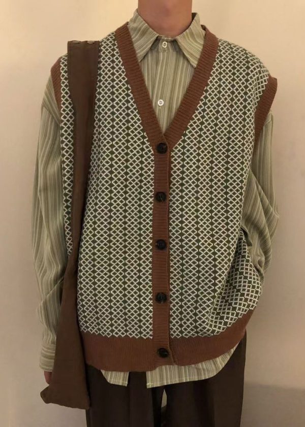Chic Plaid Button Mens Knit Pullover Vest V Neck Sleeveless Online Hot Sale - Image 2