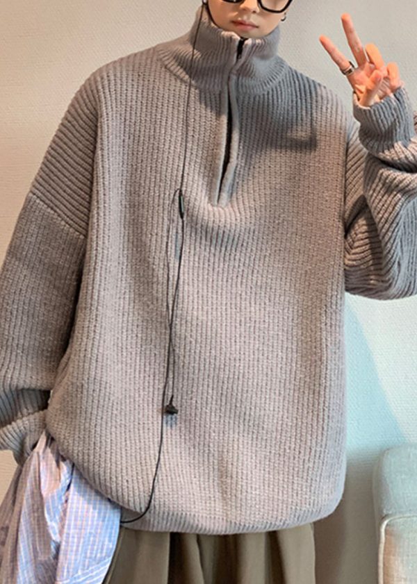 Loose Grey Zip Up Solid Knit Men Sweater Turtleneck Winter on Sale - Image 4