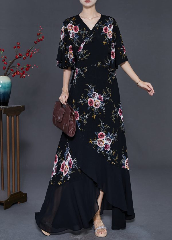 Elegant Black Asymmetrical Print Chiffon Maxi Dresses Summer Online Hot Sale - Image 2