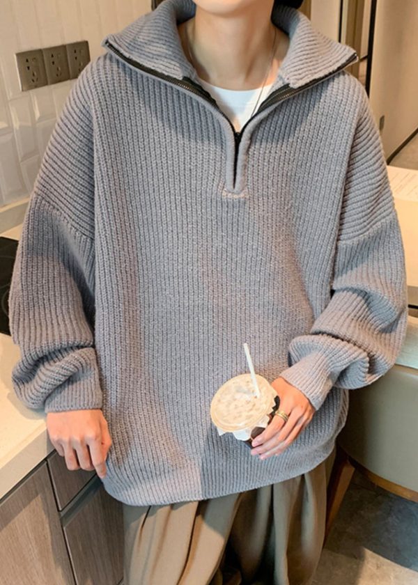 Loose Grey Zip Up Solid Knit Men Sweater Turtleneck Winter on Sale - Image 3