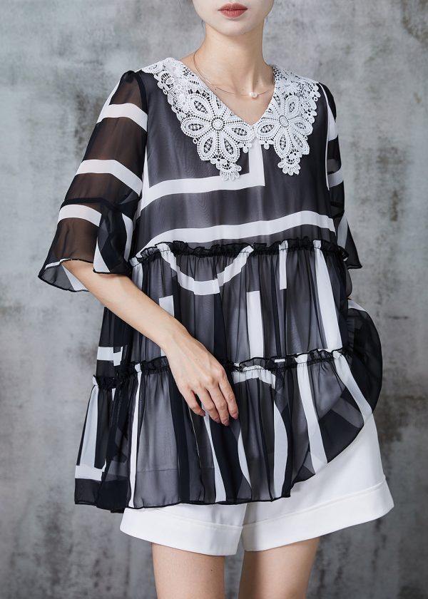 Elegant Black Ruffled Patchwork Chiffon Tank Summer Supply - Image 2