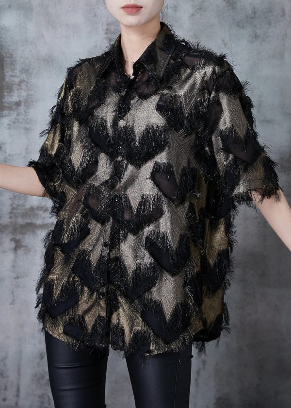 Brown Hollow Out Chiffon Blouse Tops Tasseled Summer For Sale
