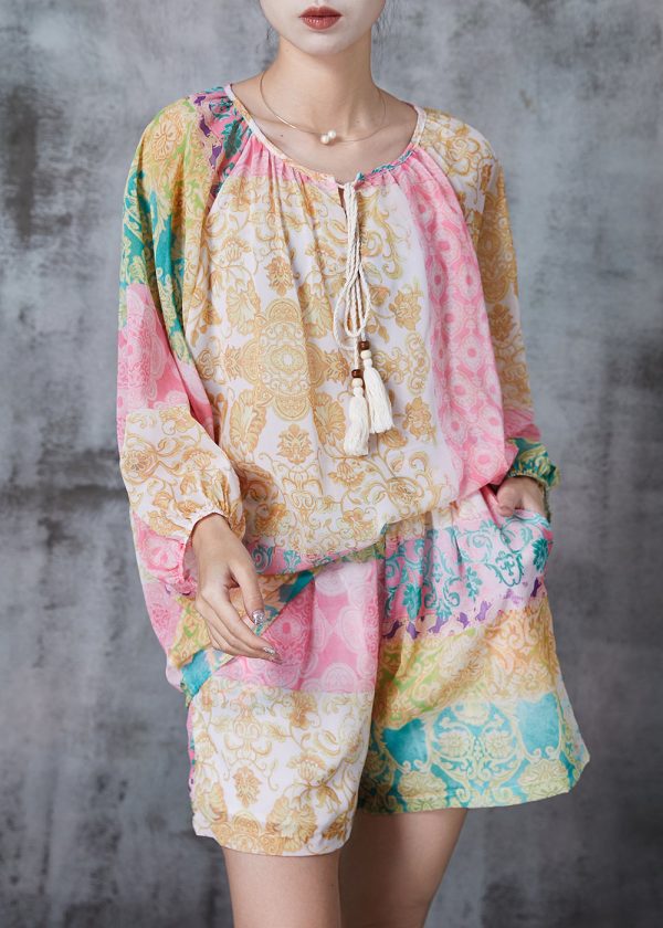 Bohemian Pink Tasseled Print Chiffon Two Pieces Set Summer For Discount - Image 3