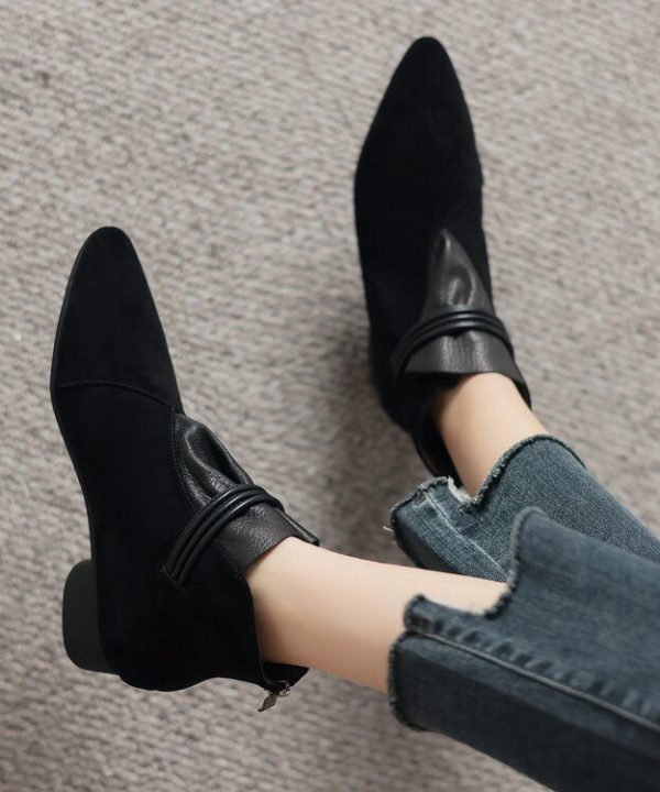 French Brown Suede Splicing Ankle Boots Pointed Toe For Sale - Image 4