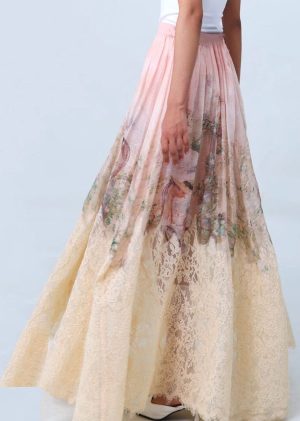 Beautiful Pink Print Wrinkled Patchwork Lace Skirts Spring Hot on Sale - Image 5