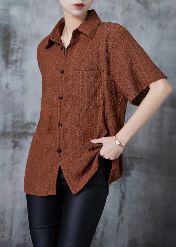 Caramel Hollow Out Cotton Shirt Top Embroidered Summer Supply - Image 3