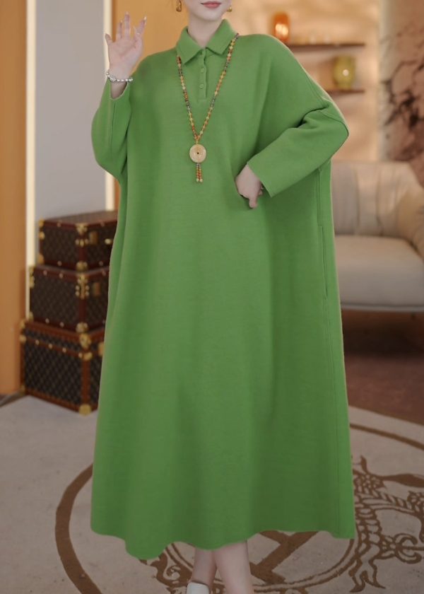 Loose Green Peter Pan Collar Button Thick Long Dresses Spring Fashion - Image 5