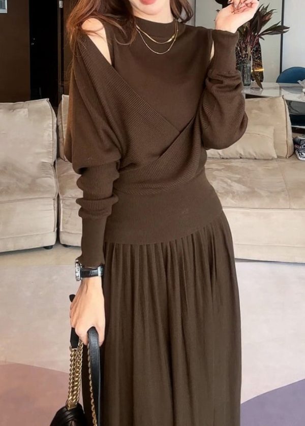 Stylish Brown Asymmetrical Cotton Knit Sweater And Maxi Skirts Two Pieces Set Winter Cheap