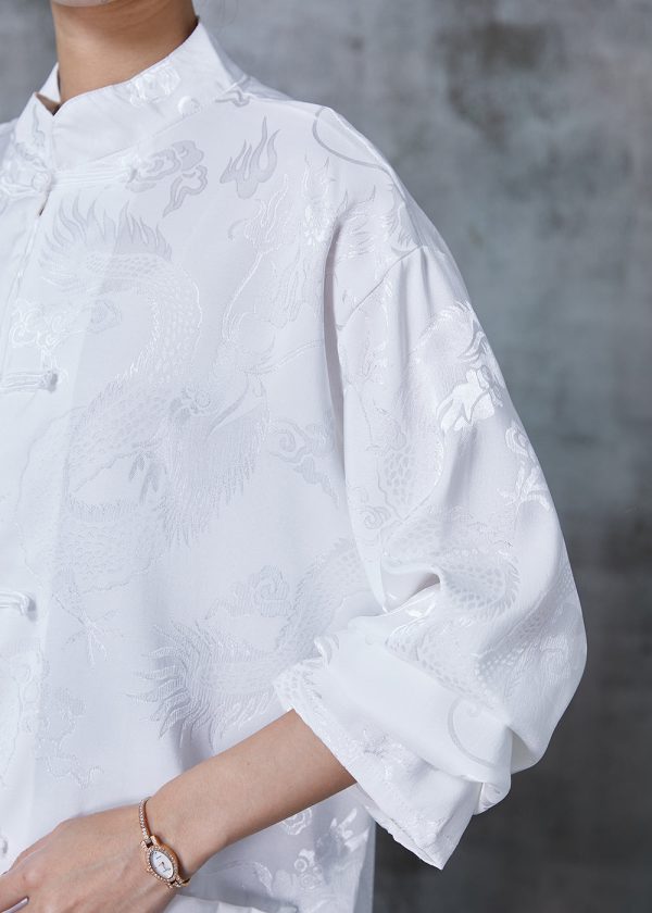 Chic White Oversized Jacquard Silk Blouse Top Spring Online Hot Sale - Image 5