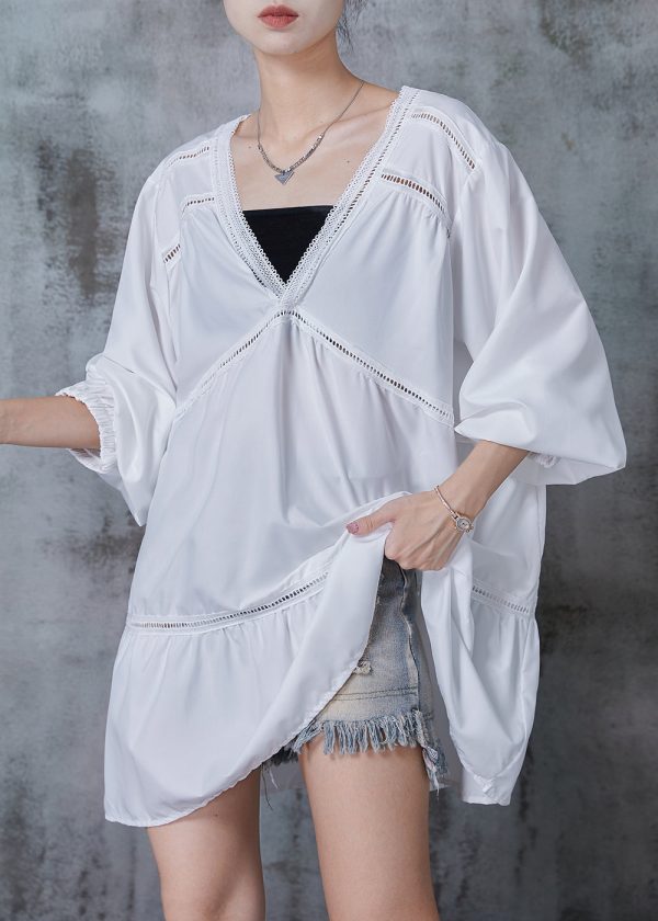 Classy White Oversized Patchwork Hollow Out Cotton Blouses Fall For Discount - Image 2
