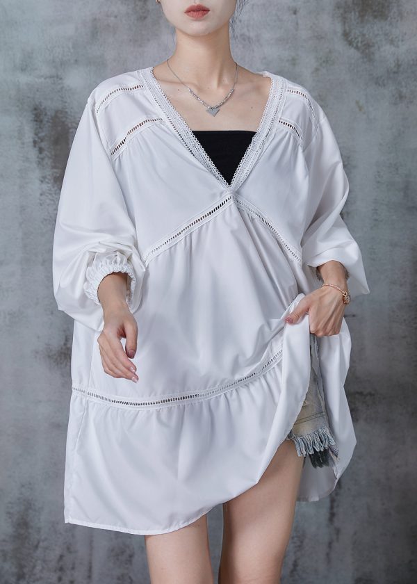 Classy White Oversized Patchwork Hollow Out Cotton Blouses Fall For Discount