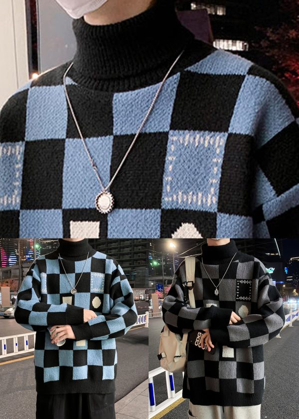 Chic Black Turtleneck Plaid Knit Men Sweaters Pullover Winter Cheap - Image 5
