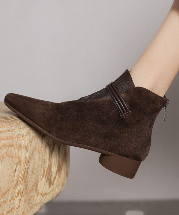 French Brown Suede Splicing Ankle Boots Pointed Toe For Sale - Image 3