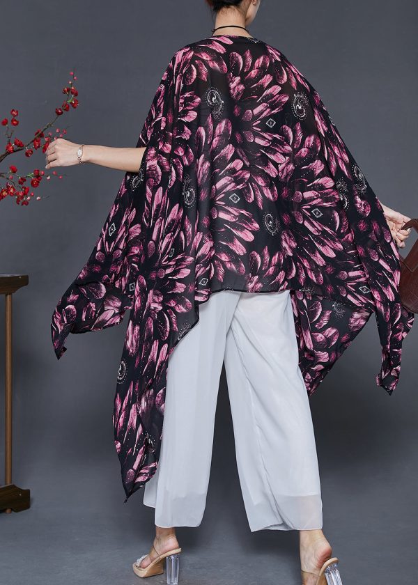 Red Print Chiffon Long Smock Asymmetrical Batwing Sleeve For Cheap - Image 4