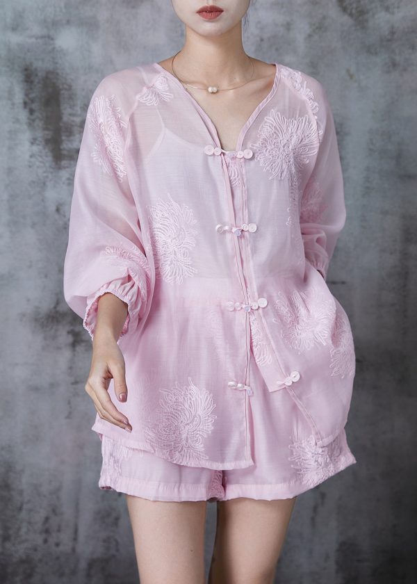 Diy Pink Embroidered Chiffon Two Piece Set Women Clothing Summer For Sale - Image 2