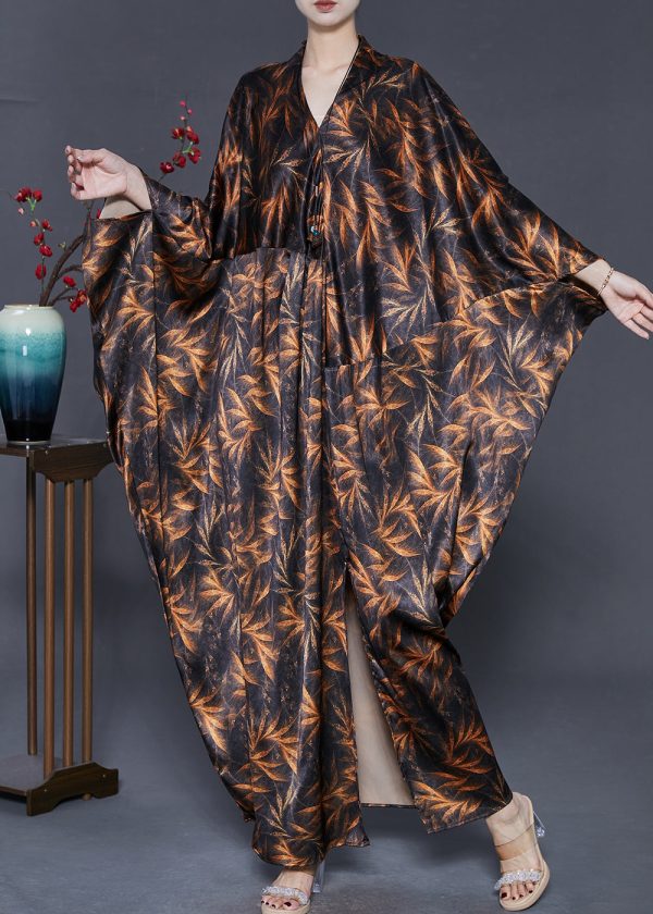 Unique Black Oversized Print Silk Ankle Dresses Batwing Sleeve Hot on Sale - Image 3