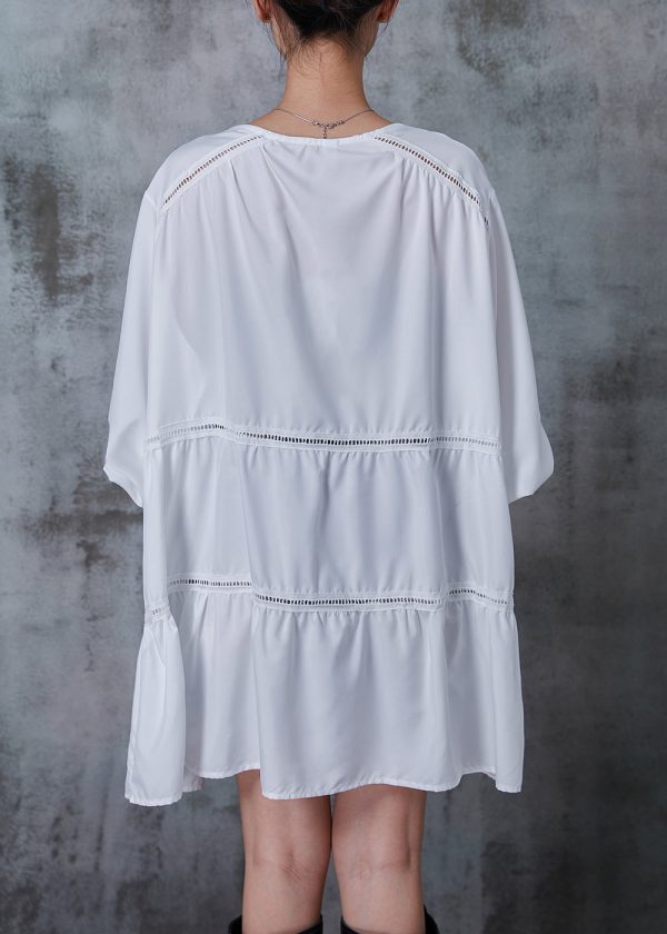 Classy White Oversized Patchwork Hollow Out Cotton Blouses Fall For Discount - Image 4
