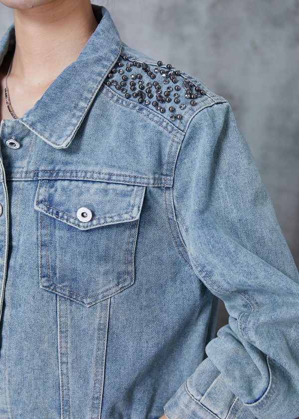 Boho Blue Oversized Nail Bead Denim Jacket Fall For Cheap - Image 5