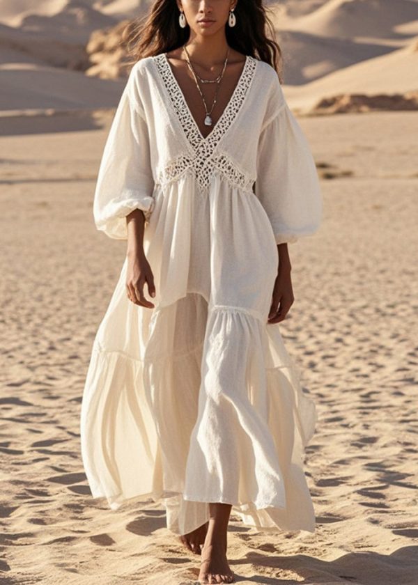 Casual White V Neck Patchwork Hollow Out Cotton Dress Lantern Sleeve For Cheap - Image 3