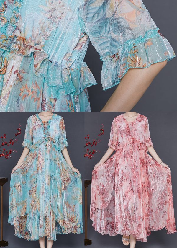 Women Pink Ruffled Print Silk Maxi Dresses Summer Supply - Image 5