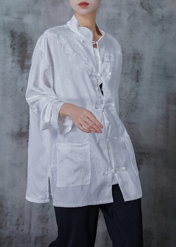 Chic White Oversized Jacquard Silk Blouse Top Spring Online Hot Sale