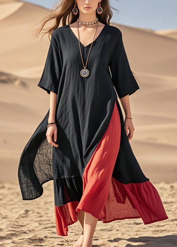 Boho Black Asymmetrical Patchwork Cotton Maxi Dresses Summer Online Sale