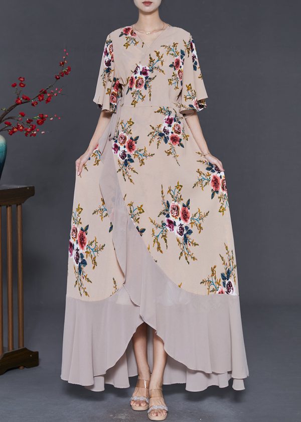 Apricot Print Chiffon Long Dresses Exra Large Hem Cloak Sleeves Fashion - Image 3